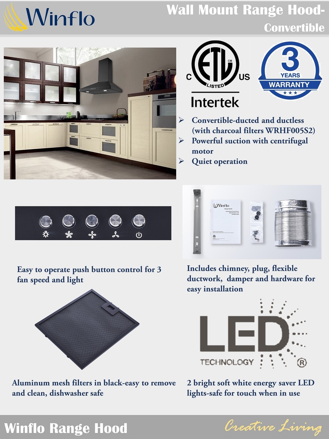 Winflo 30 in. Convertible Wall Mount Range Hood in Stainless Steel in